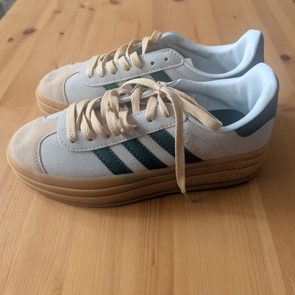 adidas Shoes - adidas cream and dark green suede platform sneakers
